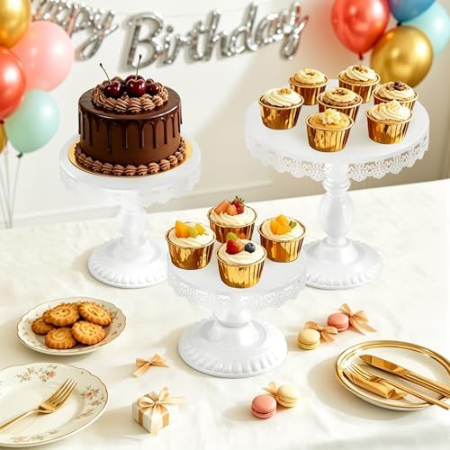 3 PCS White Cake Stands (8"&10"&12" Plate), Cupcake Stand with a lace Hollow Border Metal Cake Stand Set for Birthday Party, Wedding, Anniversary, Baby Shower - Image 2