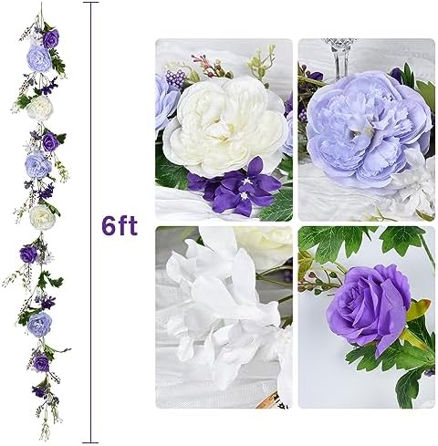 Lvydec Artificial Peony Flower Garland - 6ft Silk Peony Purple Flower Garland Arch Flower Vine for Wedding Party Table Decoration (2, Purple and White) - Image 2