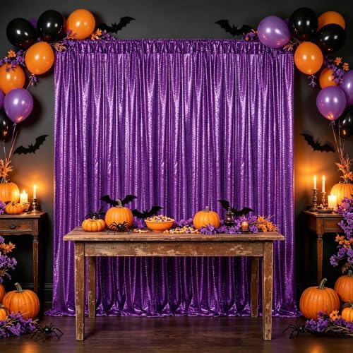10X10FT Purple Halloween Backdrop Sequin Curtain Drape Glitter Party Decor - Image 2