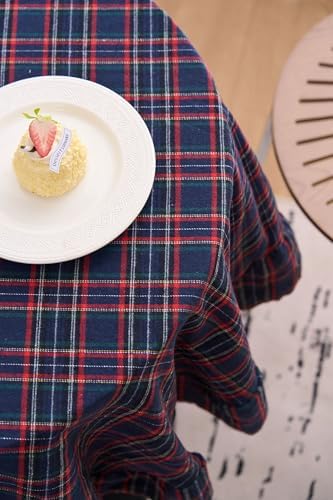 vctops Christmas Navy Plaid Ruffle Table Cloth, Farmhouse Cotton Linen Tablecloth, Washable Table Cover for Round Table Baby Shower Kitchen Party Wedding Decor (Navy,70") - Image 7