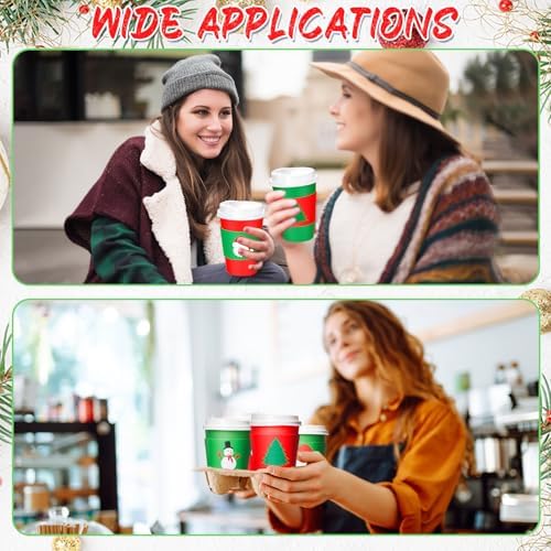 120 Pack Christmas Coffee Cups with Lids and Sleeves, 12 oz Red and Green Paper Disposable Cups, Festive Designs Snowman Snowflakes Santa Christmas Tree Gingerbread Candy Cane for Xmas Party Favors - Image 4