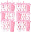 Skylety 24 Pcs Pink Bow Plastic Cups with Lid Straw and Ribbon by Skylety