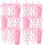 Skylety 24 Pcs Pink Bow Plastic Cups with Lid Straw and Ribbon by Skylety