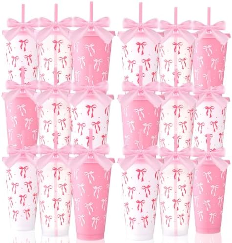Skylety 24 Pcs Pink Bow Plastic Cups with Lid Straw and Ribbon by Skylety