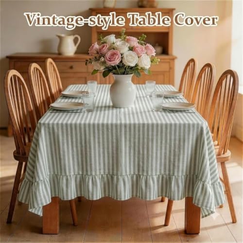 Sage Green Striped Ruffle Tablecloth 60" x 120" Rectangular Farmhouse Flounces Trim Table Cover for Seat 8-10 for Picnic Dining Kitchen Party Wedding Decor - Image 4