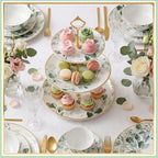 Lallisa 3 Tier Greenery Dessert Stand 10", 9" and 7" Ceramic Sage Green Eucalyptus Tiered Serving Tray with Gold Rack, Round Cupcake Display Tower for Wedding Baby Bridal Shower Tea Party Decoration - Image 2