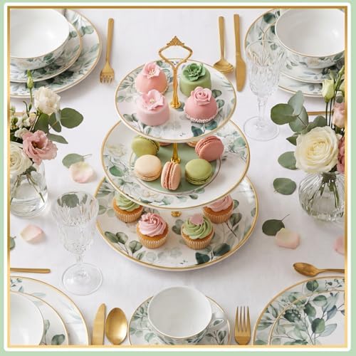 Lallisa 3 Tier Greenery Dessert Stand 10", 9" and 7" Ceramic Sage Green Eucalyptus Tiered Serving Tray with Gold Rack, Round Cupcake Display Tower for Wedding Baby Bridal Shower Tea Party Decoration - Image 2