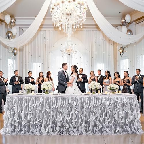 Wish Care 21ft Silver Sequin Table Skirt for Rectangle Tables Glitter Fringe Tutu Skirts Ruffle Tablecloth Teacher Desk Skirt for School Classroom Office Wedding Birthday Party Table Decorations - Image 6