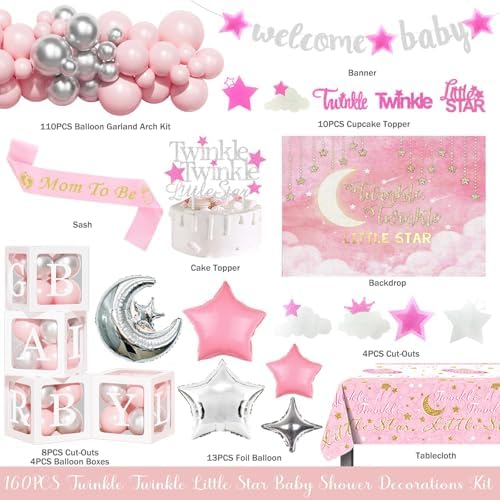 Hombae Twinkle Twinkle Little Star Baby Shower Decorations, Moon and Stars Baby Shower Decorations Backdrop Balloon Glitter Banner Tablecloth Cake Topper Sash for Space Party Supplies Pink Silver - Image 2