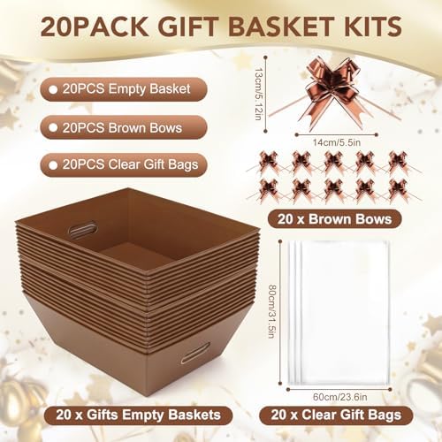 AFOROEOA 20PACK Baskets for Gifts Empty, 12x10x4” Thick Brown Gift Basket with Handles, 20 Bows & 20 Bags - Empty Gift Baskets for Christmas, Thanksgiving, Wedding, Birthday Party, Wrapping Gifts - Image 3