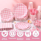 Funnymoom 400 Pcs Gingham Party Supplies for 50 Guests Pink and White Paper Plates and Napkins Knives Spoon Fork Cup Disposable Checkered Dinner Party Set Cutlery for Baby Shower Wedding Favor - Image 4