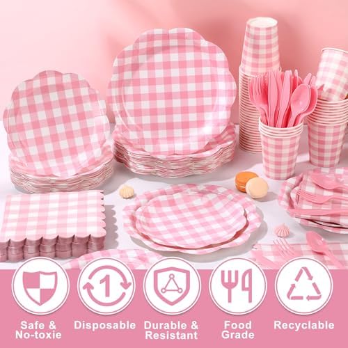 Funnymoom 400 Pcs Gingham Party Supplies for 50 Guests Pink and White Paper Plates and Napkins Knives Spoon Fork Cup Disposable Checkered Dinner Party Set Cutlery for Baby Shower Wedding Favor - Image 4