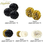 NICROLANDEE Black Gold Party Decorations - 12PCS Black Gold White Tissue Paper Pom Poms and 12PCS Metallic Foil Paper Lanterns for Wedding, Birthday, Graduation Décor, Prom, Festival Decorations - Image 6