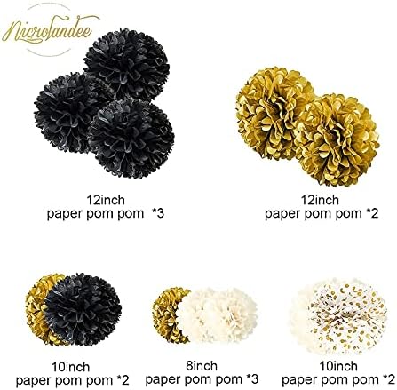 NICROLANDEE Black Gold Party Decorations - 12PCS Black Gold White Tissue Paper Pom Poms and 12PCS Metallic Foil Paper Lanterns for Wedding, Birthday, Graduation Décor, Prom, Festival Decorations - Image 6