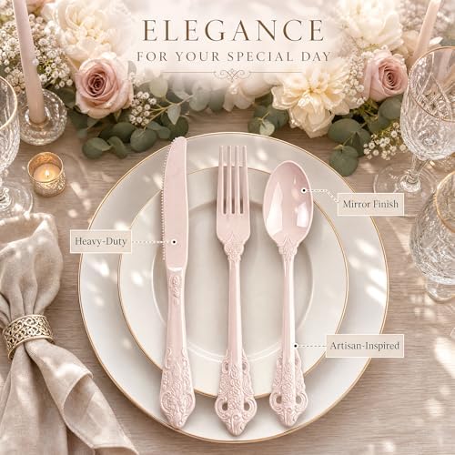 WDF 120 Pieces Heavy Duty Pink Plastic Cutlery Set - Disposable Utensils - Disposable Flatware Includes 40 Forks, 40 Spoons, 40 Knives for Party/Baby Shower/Wedding - Image 3