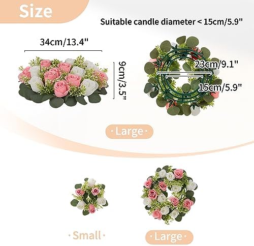 NUPTIO Artificial Flowers Candle Rings - 6 Pcs 14 inch Diam Large Pink & White Fake Roses Wreath Wedding Centerpieces for Tables Spring Summer Wreath for Front Door Weddings Party Ceremony Decor - Image 4