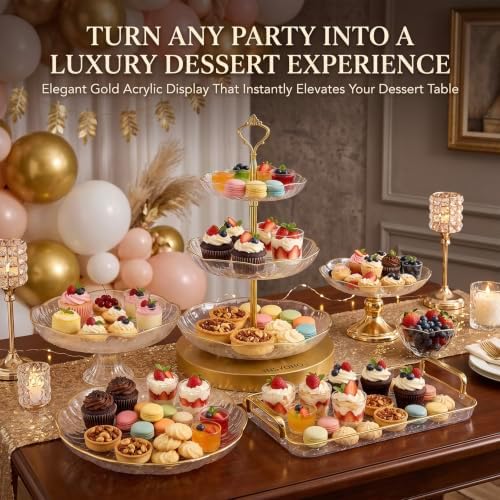 INSYOHO 6pcs Dessert Table Display Set - 3-Tier Cupcake Stand, Round Trays, Rectangular Treat Food Serving Trays, Gold Clear Tiered Dessert Stand Cup Cake Tower for Birthday Baby Shower Tea Party - Image 2