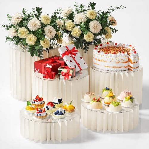 HeiMma 6 Pack Buffet Risers, Foldable Accordion Food Display Risers with Acrylic Disc, Dessert Table Display Set, Cardboard Paper Cupcake Cake Stand for Party Cylinder Stands for Parties Drink Collectibles Jewelry Figures, White by HeiMmaLifeEssentials