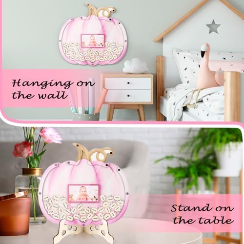 YLOLUL 62 Pcs Pumpkin Baby Shower Guest Book Alternatives Set Fall Baby Shower Guestbook Photo Frame with Wood Pumpkin Slices Rustic Guest Book Alternative for Baby Boy Birthday Party (Pink) - Image 5
