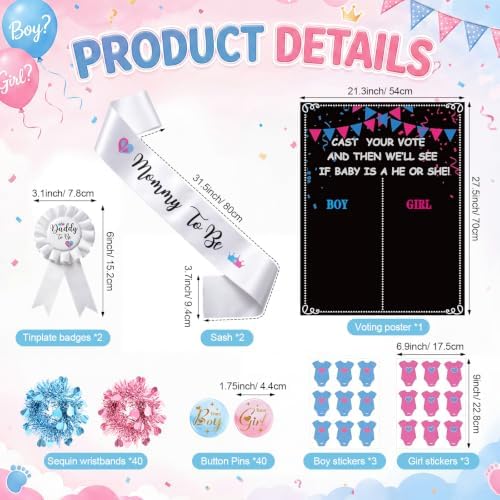 Thiccywoov Gender Reveal Decorations 40 Button Pins 40 Gender Reveal Sequins Bracelets Sash and Tinplate Badge Mommy to Be and Daddy to Be 54 Voting Boy or Girl Games Party Supplies - Image 2