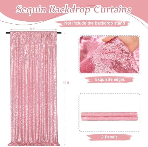 Blush Pink Sequin Backdrop 2 Pcs 5FTx10FT Glitter Party Backdrop Curtain Wedding Ceremony Birthday Backdrop Background Decoration - Image 3