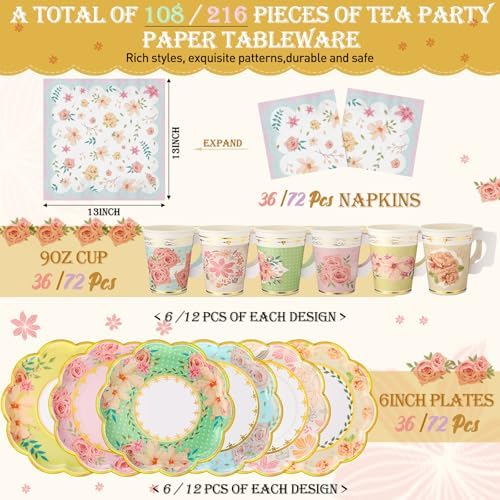 Yungyan 216 Pcs 72 Guest Tea Party Plates and Napkins Sets Floral Tea Party Supplies 6" Paper Plates, 9 oz Cups and Saucers Disposable Tableware Set for Birthday Wedding Bridal Shower Decorations - Image 2