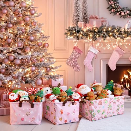 CHENGU 6 Pack Christmas Storage Basket Pink Collapsible Christmas Basket for Gifts Gingerbread Man Holiday Decor Large Gingerbread House Bin Foldable Xmas Tree Box with Handle for Bedroom Office Home - Image 2