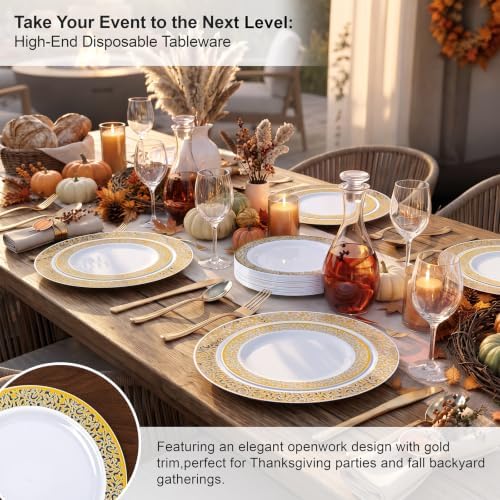 WDF 150PCS Gold Plastic Plates Set - Gold Plates 25Guests Gold Disposable Dinnerware Sets for Fall Party/Thanksgiving/Wedding - Image 2