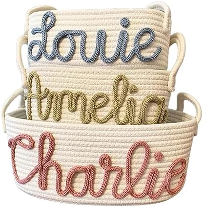 Personalized Baby Name Basket Cotton Rope Basket Diaper Caddy Custom Cotton Rope Room Shelf Storage Basket, Baby Stuff Organizer Storage Bin, Decorative Round Bin for Nursery Bedroom Bathroom(Style A) by Handmade
