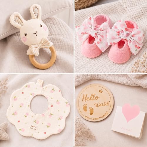 Golray Baby Girl Gifts for Baby Shower, Newborn Baby Girl Gift Basket with Unicorn Lovey Hand Puppet, Muslin Swaddle Blanket, Baby Rattle, Bib, Socks, Milestone Sign, Welcome Baby Gift Set for Girls - Image 6