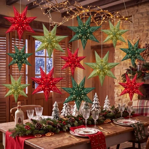 Youyole 12 Set Christmas Paper Star Lantern with Lights, 7 Pointed by Ajaredlulu