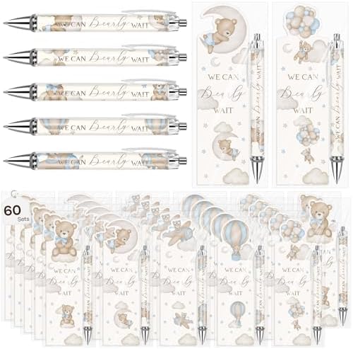 60 Sets Baby Shower Gifts Pens in Bulk for Guests Blue Bear Party Favors Retractable Ballpoint Pen with Bookmarks Black Ink Gender Reveal Souvenirs Prizes Gifts Supplies by Stuffygreenus