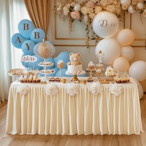 Champagne Polyester Table Cloths for Rectangle 8 Foot Tables, 2 Pack Wrinkle Free Tablecloths Stretchy Banquet Ruffle Fitted Table Cover Desk Skirt for Parties Wedding Birthday Baby Shower - Image 5