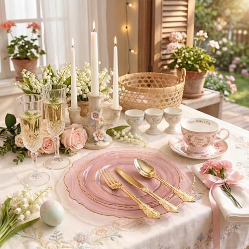 KIRE 210Pcs Clear Pink Plastic Plates with Gold Rim - Disposable Pink Plates for Party - 30 for Dinner 30 for Dessert 90 Silverware 30 Napkins 30Cups for Upscale Wedding/Party/Baby Shower - Image 2