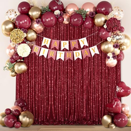 Burgundy Sequin Backdrop 2 Pcs 5FTx10FT Glitter Backdrop Curtains Birthday Party Decoration Photography Backgrounds Fabric Backdrop - Image 2