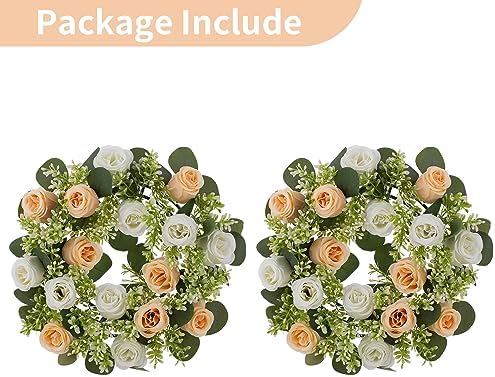 NUPTIO Flower Candle Rings Centerpieces: 13.4 Inch Champagne & White Artificial Rose Wreath for Wedding Party Christmas Decorations - Spring Summer Front Door Porch Decor 2 Pcs - Image 6