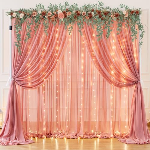 10x10ft Dusty Rose Chiffon Backdrop Curtain with Lights String for Wedding Sheer Tulle Curtain Photo Backdrops Drapes for Baby Shower Birthday Party Home Ceremony Decorations by Shillance
