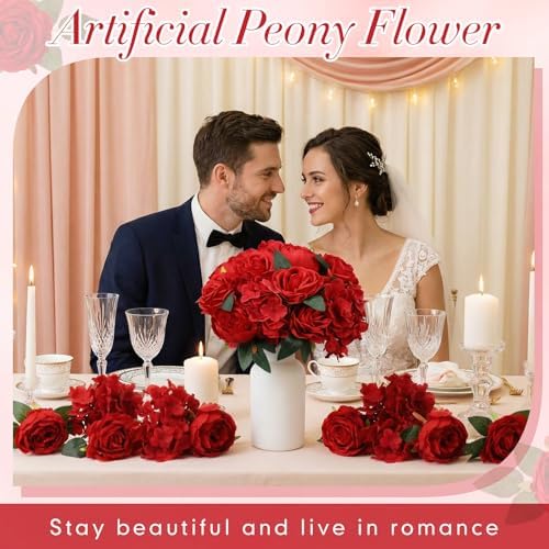 Suncalla 60 Pcs Assorted Silk Artificial Flowers, Faux Fake Full Hydrangea Peony Rose Bouquet with Leaf Stem for Wedding Centerpiece Bridal DIY Craft Baby Shower Party Decor(Red) - Image 6