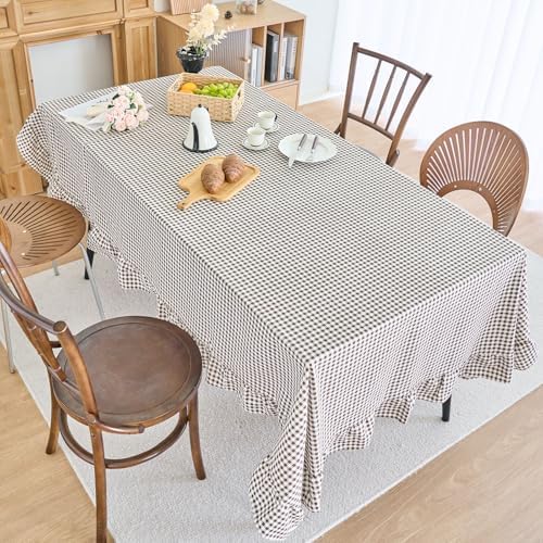 vctops Farmhouse Coffee Plaid Ruffle Table Cloth, Boho Cotton Linen Tablecloth, Washable Table Cover for Rectangle Table Baby Shower Kitchen Party Wedding Decor (Coffee,55"x102") - Image 4