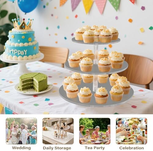 J JOYSAY Dark Gray Print Acrylic Cupcake Stand 3 Tier Dessert Table Display Set Clear Cake Stands for Wedding Baby Shower Party Decorations Easy Assembly Pastry Tower - Image 7