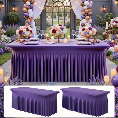 NSSONBEN 2 pk Purple Spandex Tablecloth for 6 Foot Rectangle Tables,Wrinkle Free Fitted Spandex Table Covers 6ft Stretch Table Cloths with Ruffle Skirt for Parties Weddings Banquet Baby Shower by ENJOYYOURPARTY