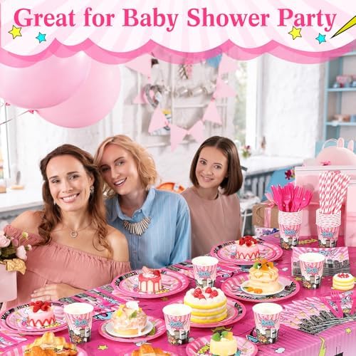 Funnymoom 219 Pcs Pink Hero Birthday Party Decorations Girl Pink Comic Hero Plates Napkins Cups Tablecloth Cutlery Straw Disposable Tableware Set for Birthday Baby Shower Party Supplies, Serves 24 - Image 4