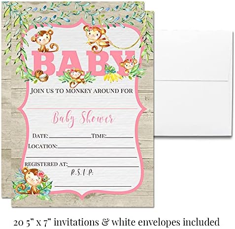 Amanda Creation Watercolor Jungle Monkeys Girl Baby Shower Party Bundle Includes 20 Invitations with Envelopes + 4 Different Sizes of Decorative Stickers, Diaper Tickets & Bring a Book Cards - Image 4
