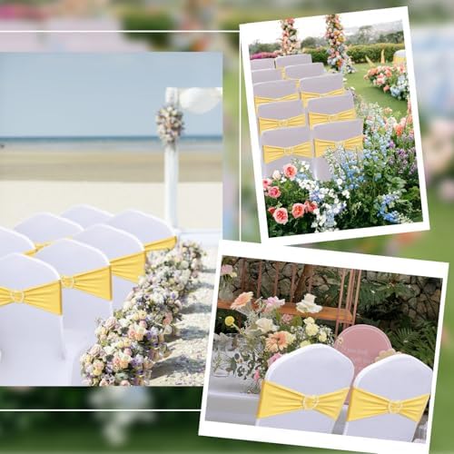 Yellow Chair Sashes 60 Pack Spandex Yellow Sashes for Chairs Universal Chair Sashes Bands with Heart Buckle Slider for Wedding Banquet Party Decorations - Image 6