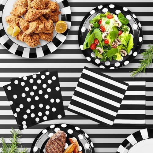 170Pieces Black and White Party Supplies Disposable Paper Plates Napkins Cups Knives Spoons Forks Plastic Tablecloths For Wedding Baby Bridal Shower New Years Decor Serve 24 - Image 4