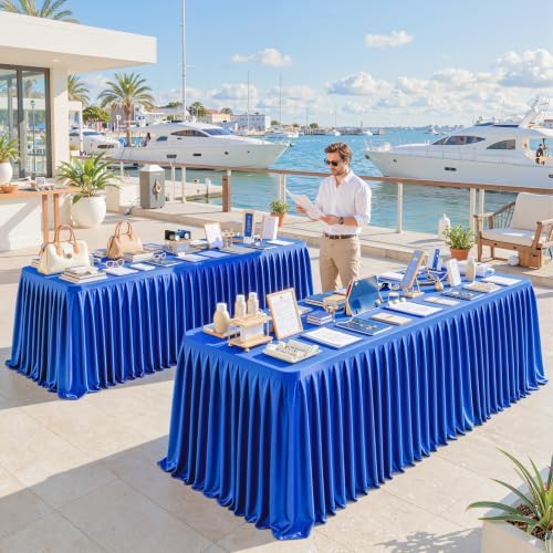 1 Pack Royal Blue Satin Tablecloths Rectangle 8FT, Glitter Spandex Fitted Stretch Table Covers Wrinkle-Free Floor Length Shimmer Table Skirt for Weddings Parties Baby Shower Banquets Vendor Events - Image 5