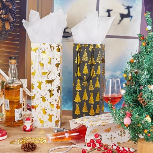 Harloon 32 Pack Wine Bottle Gift Bags with Handles 4 Designs,Black, Gold - Image 4