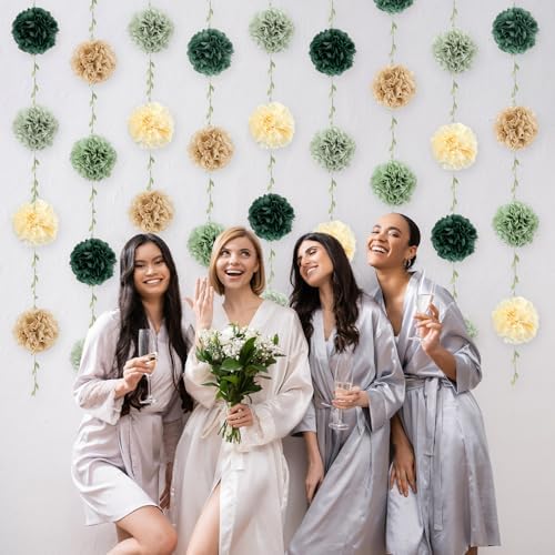 2Pcs Sage Green Tissue Paper Pom Pom Garlands Sage Green Flower Leaves Banner Hanging Paper Flower Garlands for Birthday Baby Shower Boho Wedding Engagement Bridal Shower Party Decor 8.2ft (Pack of 3) - Image 5