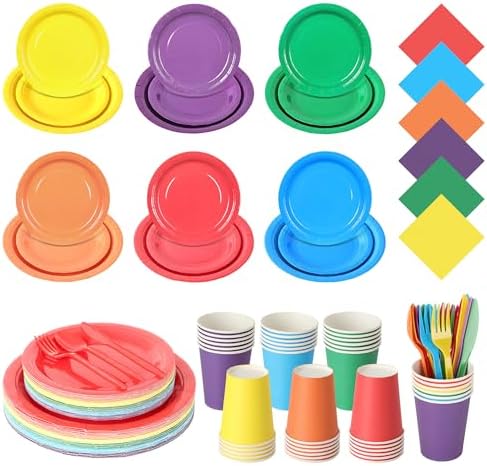 360 Pcs Rainbow Disposable Plates and Napkins Tableware Set for 50 Guests by COSINIA