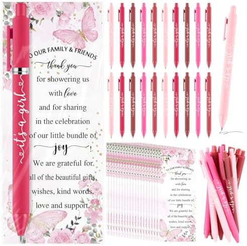Engrowtic 50 Set Baby Shower Gifts Pens for Guests Bulk Baby Shower Party Favors Retractable Ballpoint Pens with Thank You Cards Gender Reveal Souvenirs Prizes Supplies Return Gifts (Pink Butterfly) by Engrowtic